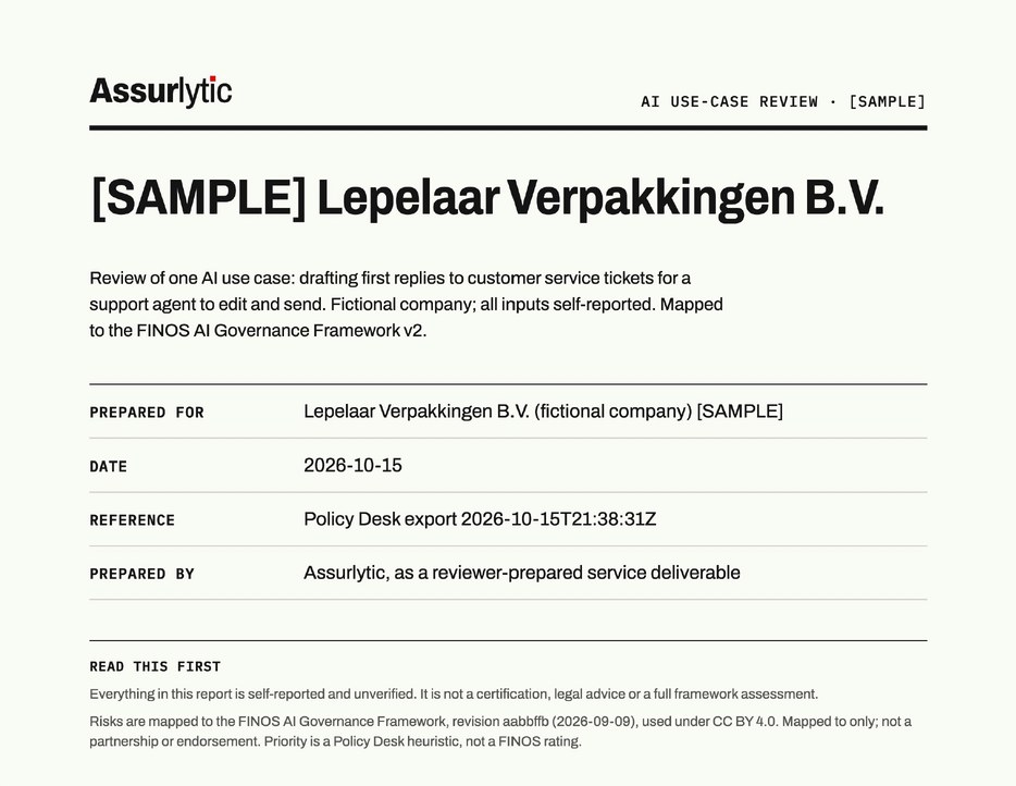 Cover page of a sample Assurlytic AI use-case review for a fictional company, marked SAMPLE.