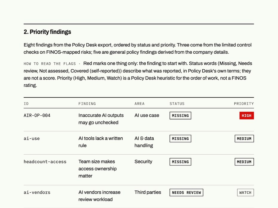 Priority findings page of the sample report: findings with status words and a single High priority flag.