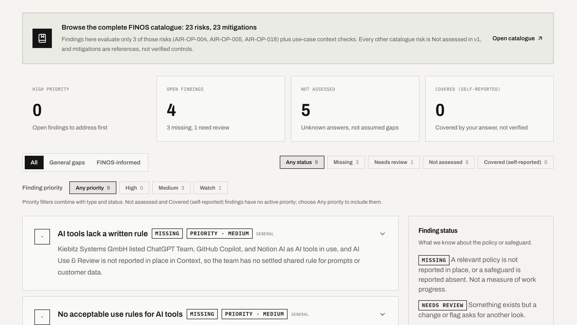 Policy Desk Gaps screen listing policy findings with status and priority, for a fictional sample company.